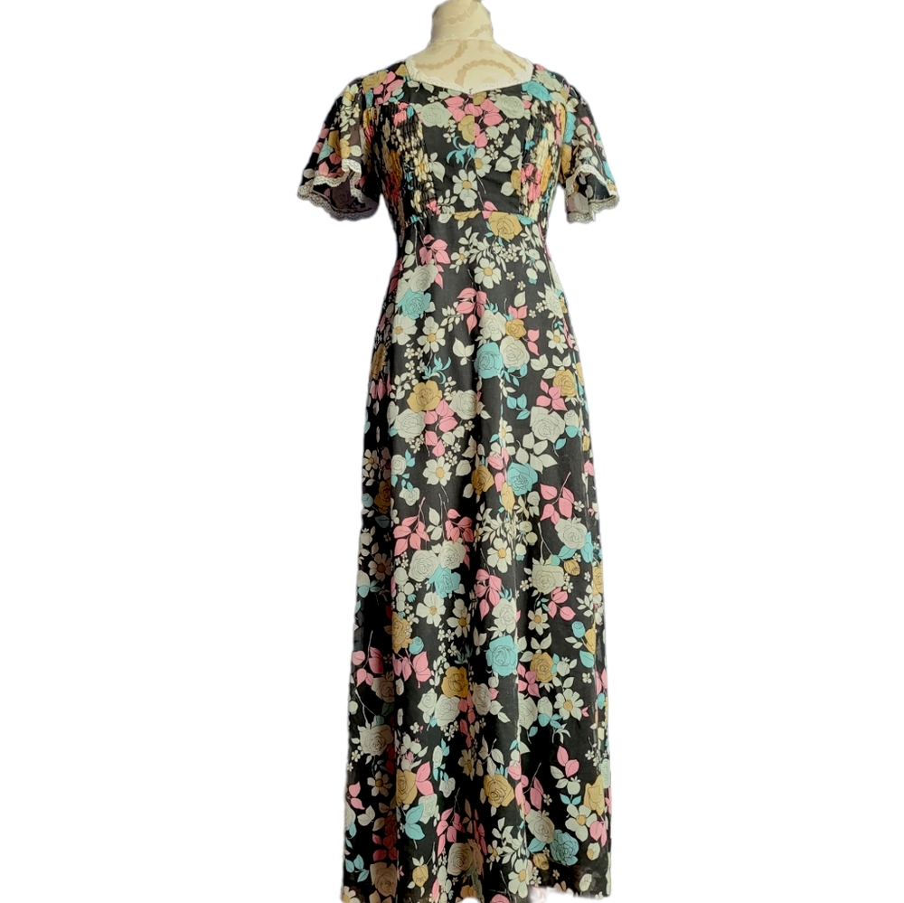 Vintage 70s black maxi dress with pastel florals